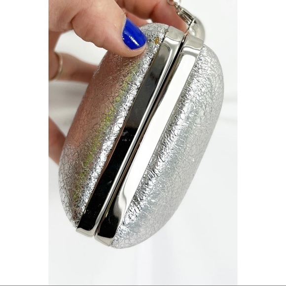 Milly Silver Foiled Hard Clutch Formal Small Chain Shoulder Bag Metallic - Picture 10 of 13